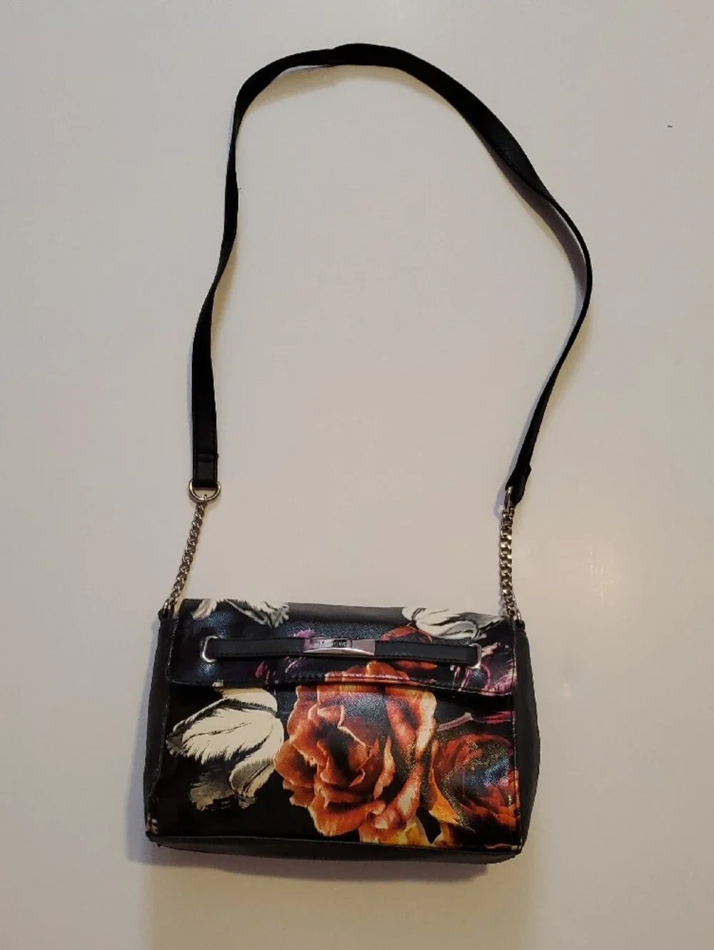 Nine West Black Floral Crossbody Bag with Orange Rose Accent